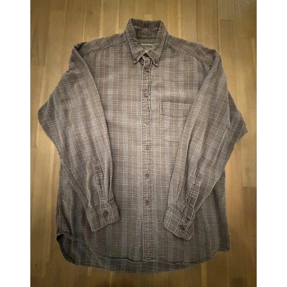 Banana Republic Men Plaid Long Sleeve Button Up Shirt Classic Fit Brown Blue Tan